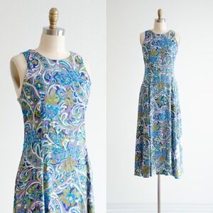 floral maxi dress 90s vintage blue purple green paisley flowy sleeveless‎ dress